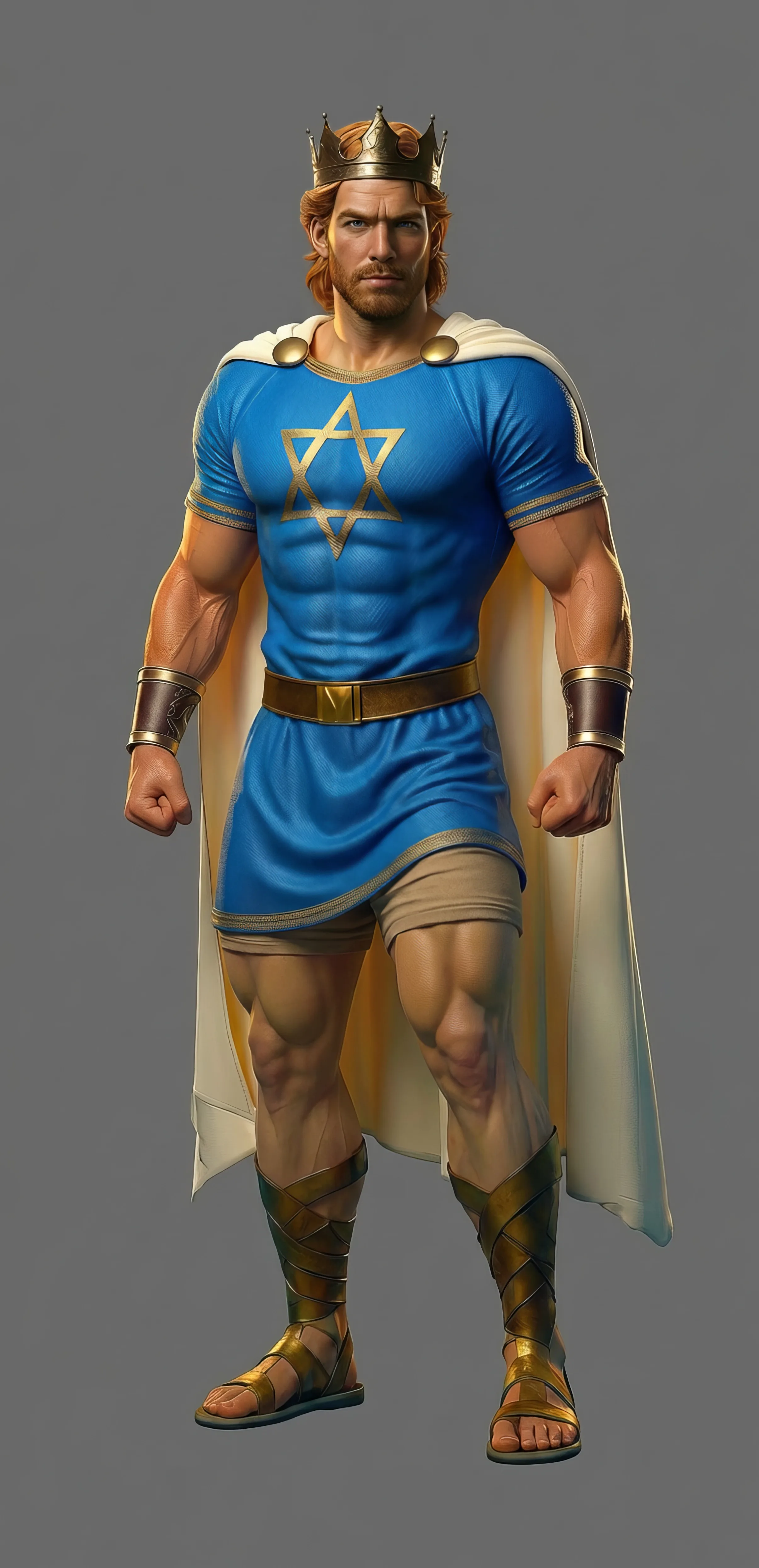 King David in blue royal tunic with golden Star of David, crown and sword