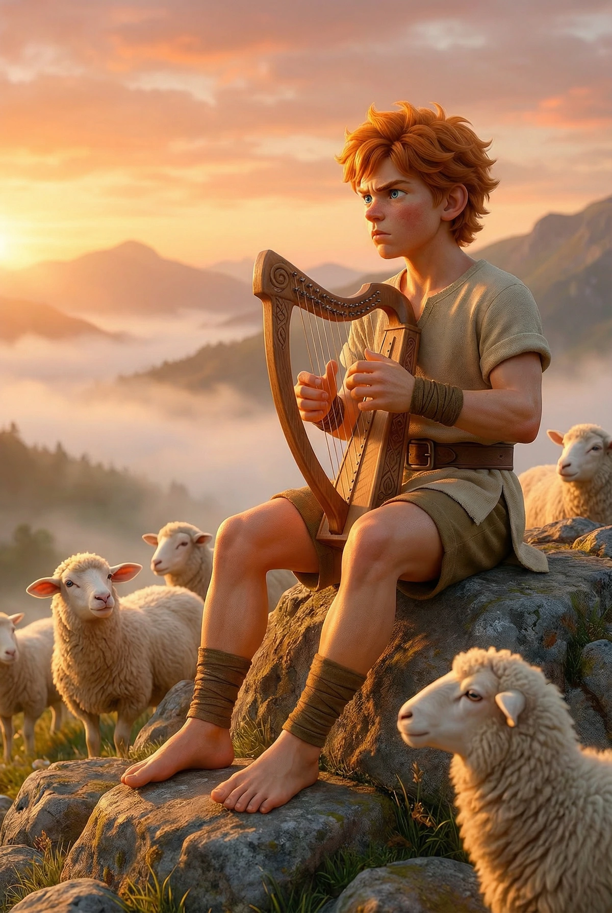 Young David the Shepherd playing his harp in the fields of Bethlehem