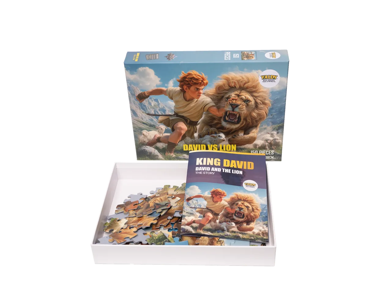 David vs Lion puzzle - open box showing premium pieces and bilingual story flipbook