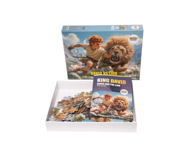 David vs Lion puzzle - open box showing puzzle pieces and story flipbook inside